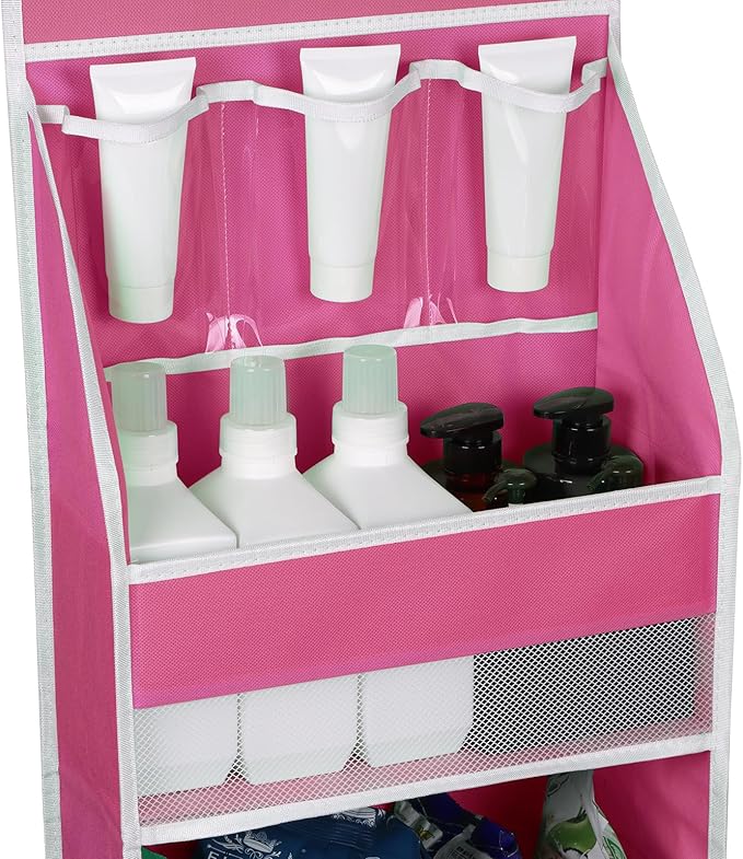 Univivi 5-Shelf Fabric Door Storage Over Door Hanging Organizer with 4 Large Pockets and 3 Small PVC Pockets Nursery Closet Cabinet Wall Mount Hanging Storage Organizers for Baby Nursery (Pink)