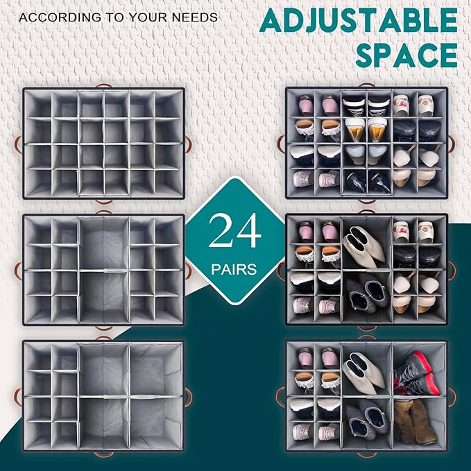 Shoe Organizer for Closet, Foldable Shoe Storage Bins with Clear Cover, Space Saving Shoes Holder with 4 Handles, Large Adjustable Shoe Box Storage Containers, Fits 12-24 Pairs, 2 Pack, Black