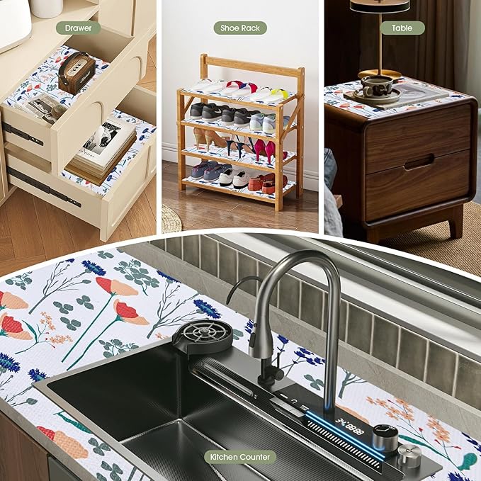 Drawer and Shelf Liner for Kitchen Cabinets 12INx20FT, Non Adhesive, Non Slip Drawer Liner Shelf Paper for Kitchen, Waterproof Floral Shelf Liner (Purple red Floral)