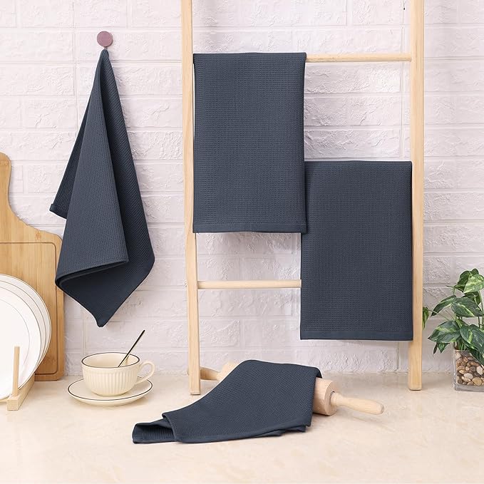 Homaxy 100% Cotton Kitchen Towels and Dishcloths Set - 8 Pack Waffle Weave Soft and Absorbent Dish Towels - 26 X 16 Inch and 12 X 12 Inch - Dark Grey