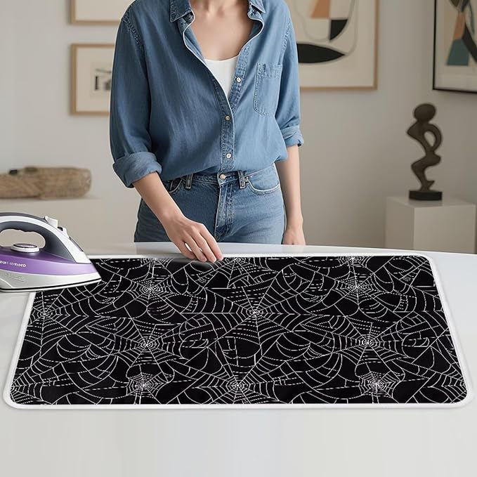 Spider Web Ironing Mat Black Heat Resistant Ironing Blanket Thick Portable Travel Ironing Pad for Table Top Washer and Dryer,Large Foldable Ironing Padding 32 x 16 Inch