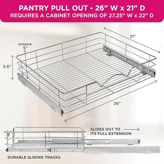 HOLDN’ STORAGE Heavy-Duty Premium Collection Pull Out Cabinet Organizer, Cabinet Drawer Slide Outs, Lifetime Limited Warranty - Basket Size 26" W x 21" D x 5" H, Anti-Rust Chrome Finish