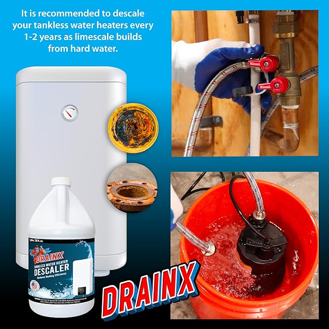 DrainX Tankless Water Heater Descaling Solution | Highly Effective Descaler Restores Heating Efficiency, Gallon, 128 fl oz
