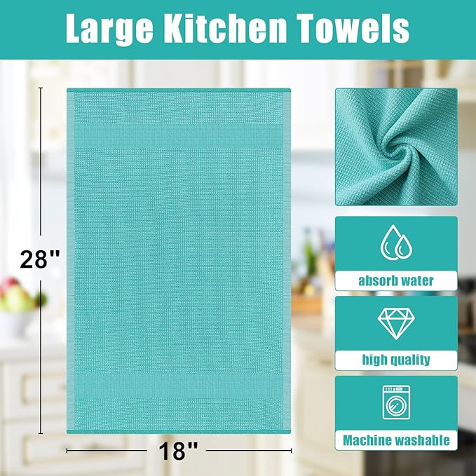Homaxy Premium Kitchen Towels(18”x 28”, 12 Pack), Large Cotton Kitchen Hand Towels, Flat and Terry Dish Towels, 380 GSM Highly Absorbent Tea Towel Set with Hanging Loop, Teal