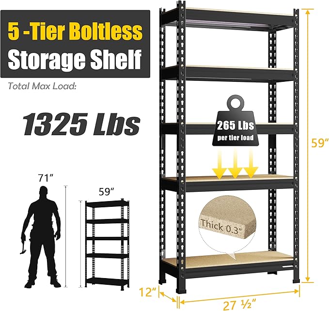 PrimeZone Storage Shelves 5 Packs 5 Tier Adjustable Garage Storage Shelving, Heavy Duty Metal Storage Utility Rack Shelf Unit for Warehouse Pantry Closet Kitchen, 28" x 12" x 59", Black