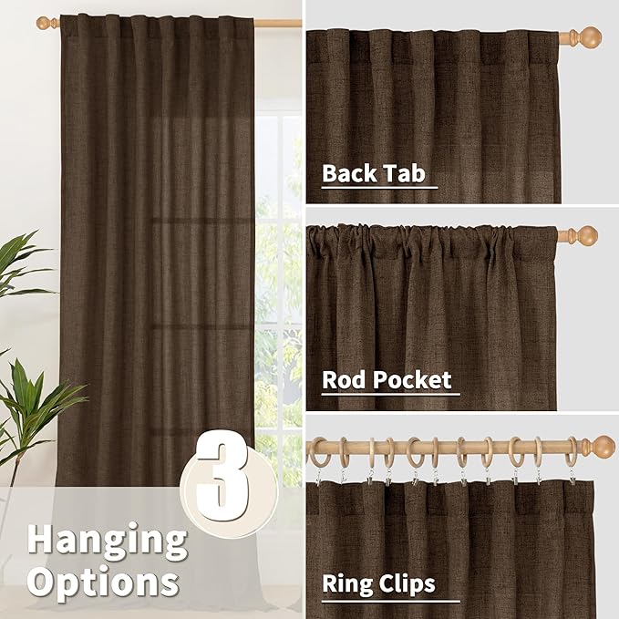 YoungsTex Brown Linen Kitchen Curtains 40 Inches Long for Windows Over Sink, Short Drapes with Back Tab Rod Pocket Light Filtering for Bathroom Cafe Window Fall Decor, 2 Panels, 42 X 40 Inch