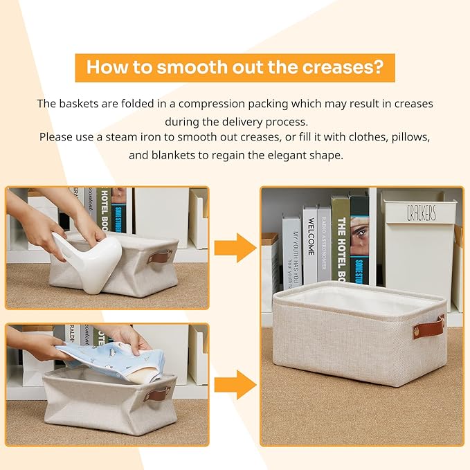 DULLEMELO Small Storage Basket for Shelves, Small Fabric Collapsible Rectangular Storage Bin for Shelves, Closets, Nursery, Home, Office, Empty Gift Basket (Beige)