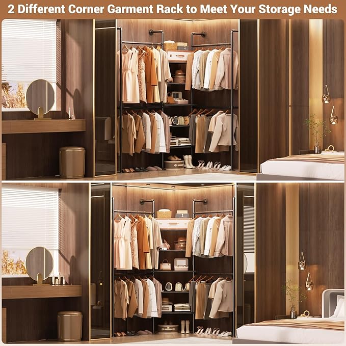 Aheaplus Industrial Pipe Clothing Rack, Reversible 6.42FT Clothes Rack for Hanging Clothes, Heavy Duty 5 Tier Wardrobe Closet Garment Racks with Shelves, Corner Closet Organizer System, Black Oak
