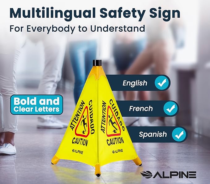 Alpine Caution Wet Floor Sign 3 Pack - Pop Up Slippery When Wet Sign, Wall Mounted Foldable Bilingual Yellow Safety Warning Caution Cone for Commercial & Office Use (20 Inches)