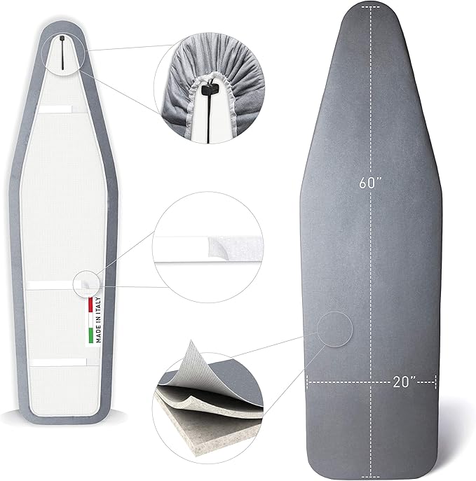 TIVIT Ironing Board Cover 20 x 60, Made in Italy. Pro Grip Pad Covers w/3 Fastener Straps & Pull Bungee Cord - Durable Scorch & Stain Resistant Padded Layers, Heat Reflective AlumiTek PRO Top Coat