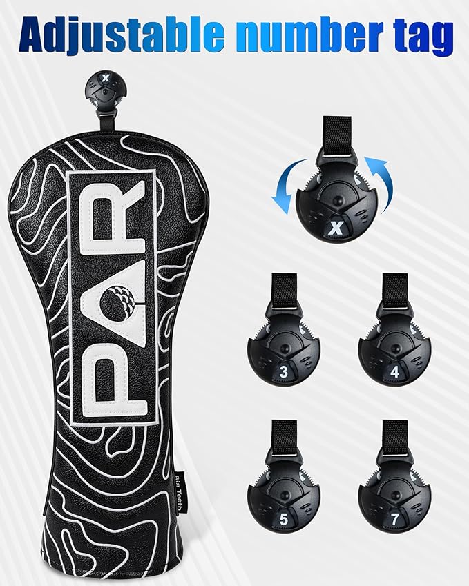 Big Teeth Golf Club Covers Full Set Driver Headcover Fairway Wood Hybrid Golf Club Iron Head Covers, Topographic Edition Putter Cover Leather Golf Head Covers Pure Black, Gifts for Men
