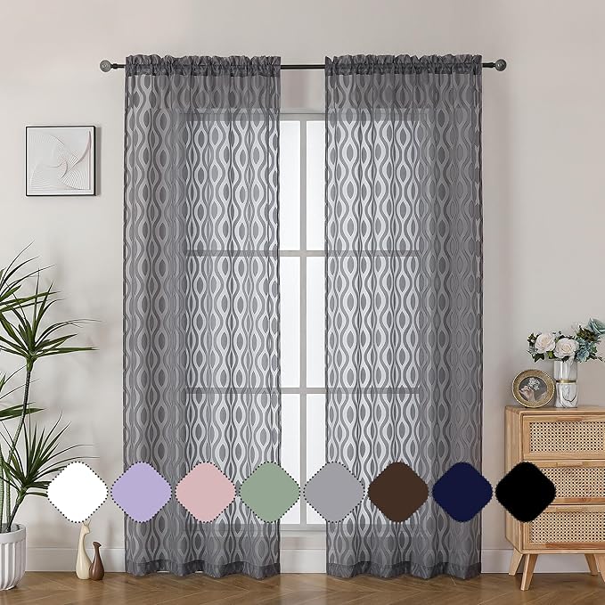 Aiyufeng Charcoal Grey Sheer Curtains 84 Inches Long 2 Panels, Solid Airy Light Filtering Window Treatments for Bedroom Living Room, Modern Wavy Line Rod Pocket Curtains, Total 80 inches Width