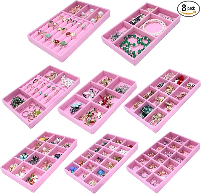 8 Pack Stackable Jewelry Trays Organizer Velvet Earring Organizer Jewelry Tray for Drawers Earring Holder Necklace Bracelet Ring Organizers