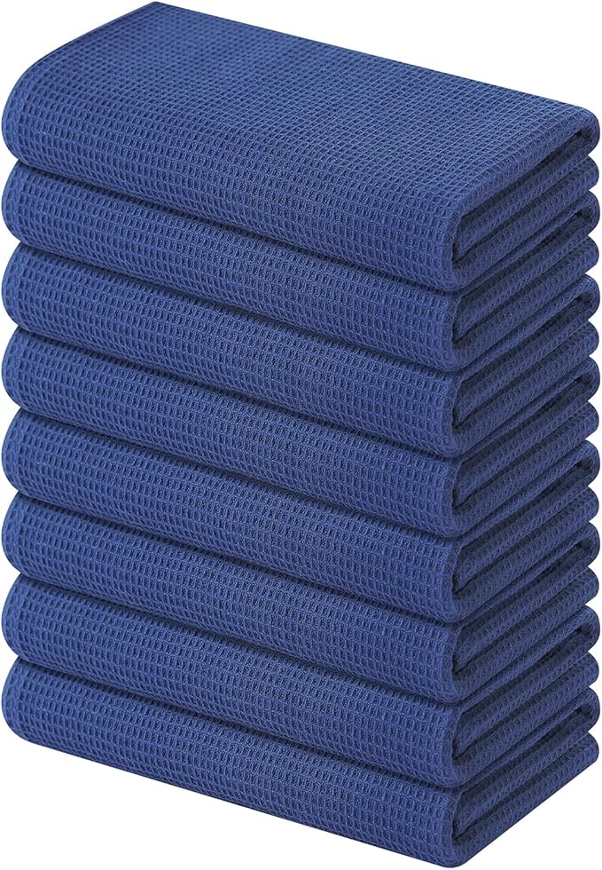 Homaxy 100% Cotton Waffle Weave Kitchen Towels - 8 Pack Soft and Absorbent Dish Towels - 16 x 26 Inches Quick Dry Hand Towels - Navy Blue
