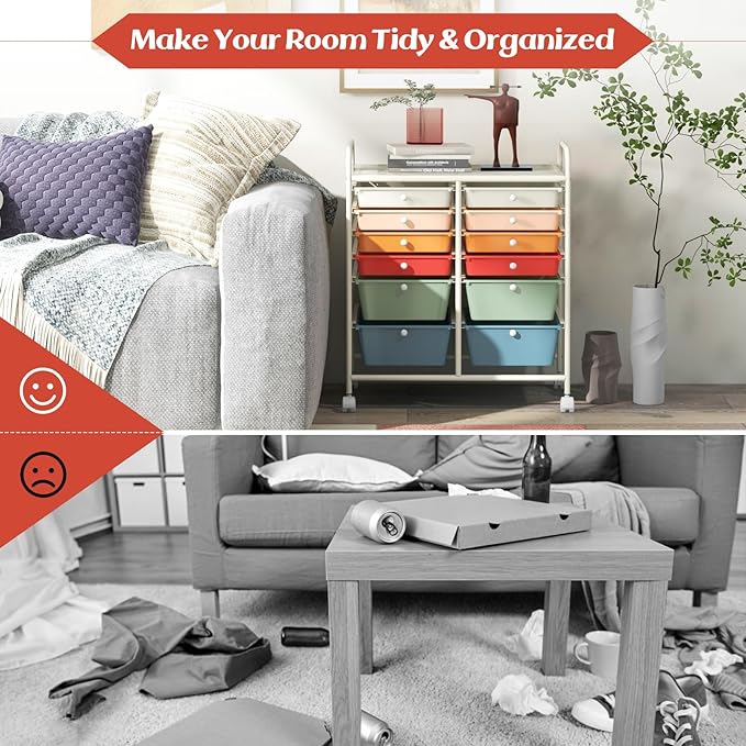 GOFLAME 12-Drawer Rolling Storage Cart, Multipurpose Organizer with 2 Sizes Plastic Drawers, Mobile Utility Cart with Lockable Casters for Home, Office, Beauty Salon, School, Macaron Color