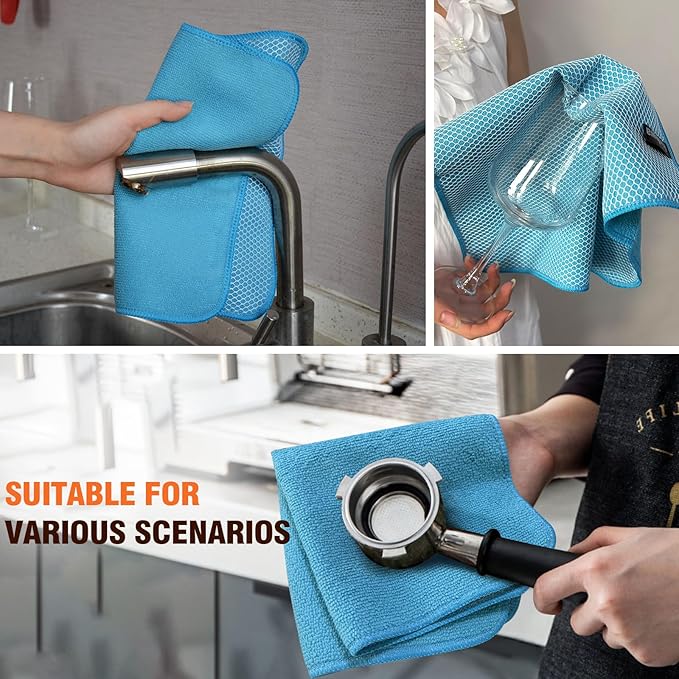 KinHwa Kitchen Washcloths for Dishes Absorbent Microfiber Dish Cloths Quick Dry Dish Rags with Poly Scour Scrub Side Ideal for Kitchen Cleaning (Blue, 12inchx12inch 9 Pack)