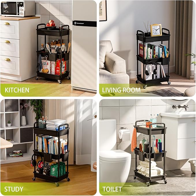 3 Tier Rolling Cart Organizer,Laundry Room Bathroom Organizers and Storage Office Shelves Mobile Shelving Unit Kitchen Trolley Cart with Wheels for Art,Craft,Diaper,Bedside,Snack(Black)
