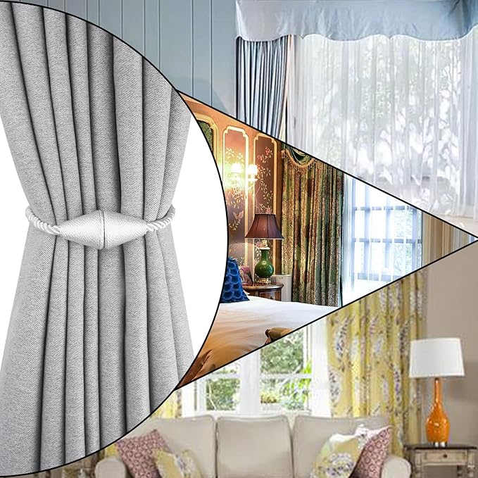 4 Pack Magnetic Curtain Tiebacks Rope Modern Handmade Curtain Tie Backs Decorative Drapes Weave Holdbacks for Window Décor, Silver