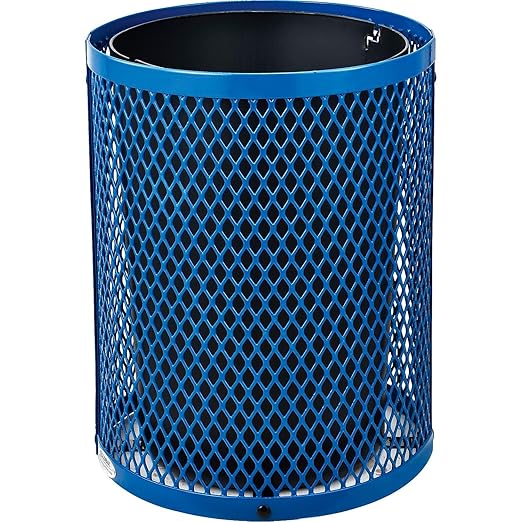 Global Industrial Outdoor Diamond Steel Trash Can with Flat Lid and Plastic Liner, 36 Gallon Capacity, Blue, Thermoplastic Coating, 23-1/2" Diameter, 30" H