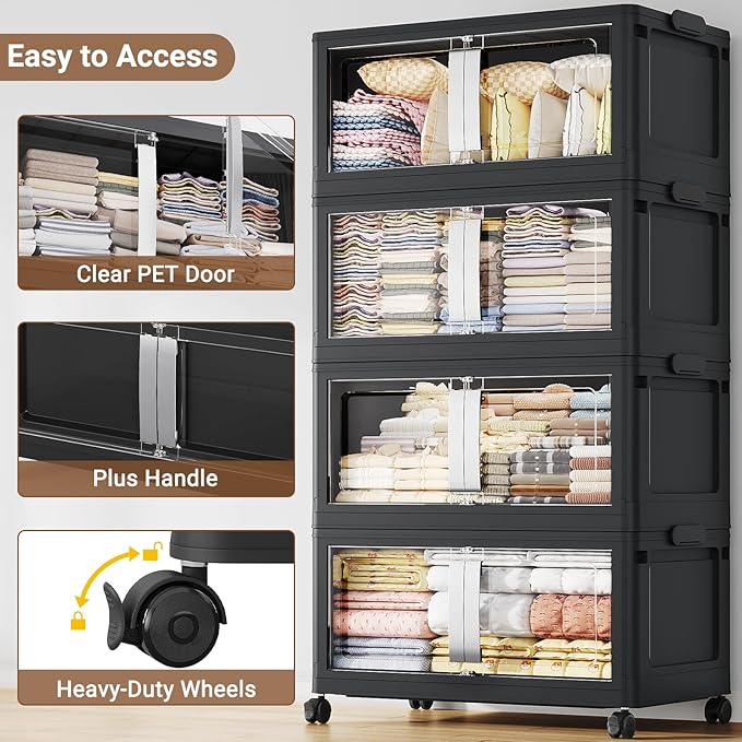 BROVIEW 480QT Stackable Storage Bins with Lids, 120Gal Extra Large Collapsible Storage Box with Wheel, Plastic Storages with Clear Door Open Front for Home Kitchen Garage, Black-3pack(3 lids)