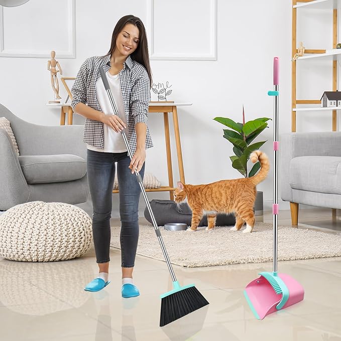 NACENA Broom and Dustpan Set, 52-in Long Adjustable Handle Broom Dustpan Combo with Dustpan Teeth to Automatically Clean Hair Suitable for Home Kitchen Office Hall Floor (Pink&Blue), 4 Pack