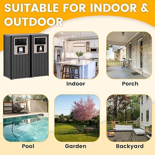 Outdoor Trash Can, Waterproof Resin Garbage Can Indoor and Outdoor Use, Durable & Weather-Resistant Commercial Garbage Can, Outside Trash Bin for Patio, Kitchen
