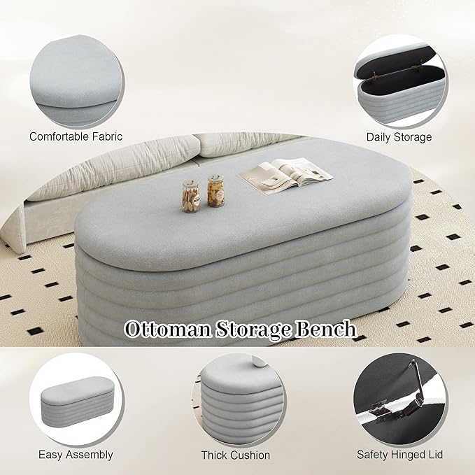 Storage Ottoman Bench, 40" Storage Bench, Upholstered Fabric Storages Benches End of Bed Stool with Safety Hinge, Shoe Storages Benches for Bedroom, Living Room, Entryway, Closet,Light Grey