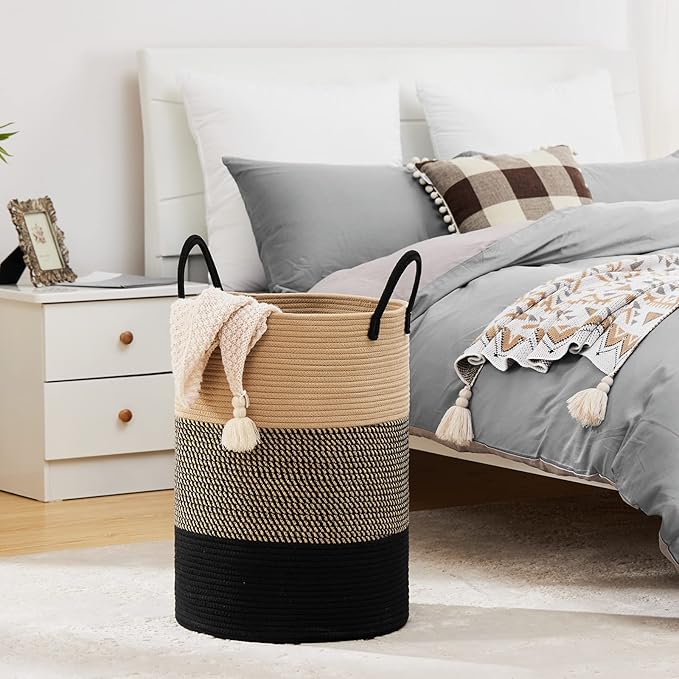 Fiona's magic 100L Extra Large Laundry Hamper Basket, 26.4Gal Tall Woven Laundry Basket Storage, Baby Nursery Hamper for Blankets, Clothes Hamper for Bedroom and Living Room Organizing, Brown & Black
