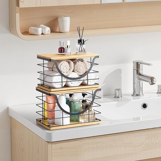 Extra Large Trash Bag Holder Stackable Kitchen Storage, 2 Pack Wall Mounted Pantry Organizers and Storage with Bamboo Top, Garbage Bag Dispenser Under Sink for Laundry Room and Kitchen