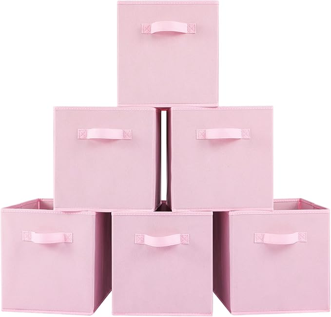 Stero 13x13x13 Inch Fabric Storage Bins 6 Pack Fun Colored Durable Storage Cubes with Handles Foldable Cube Baskets for Home, Kids Room, Closet and Toys Organization Pink