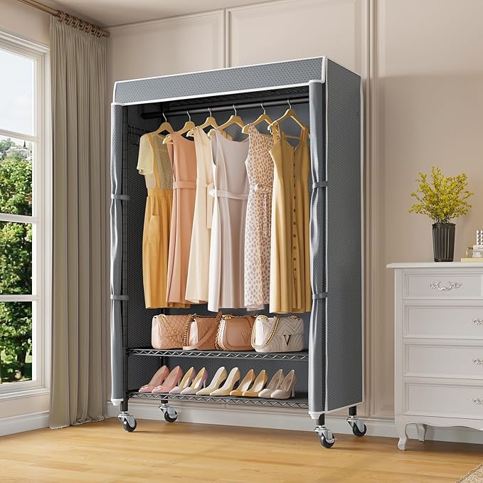 VIPEK R3C Rolling Clothes Rack with Cover Portable Closet for Hanging Clothes, Heavy Duty Garment Rack Clothing Racks with Wheels& Hanging Rod, Black Racks with Grey Upgraded Polyester Cover