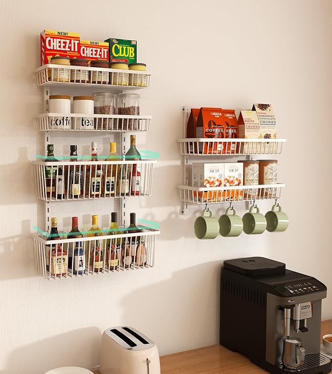 White 9-Tier Over The Door Pantry Organizer, Pantry Organization and Storage, Deep Baskets Hanging Heavy-Duty Metal, Wall Spice Rack Seasoning Shelves for Home & Kitchen, Laundry Room Bathroom
