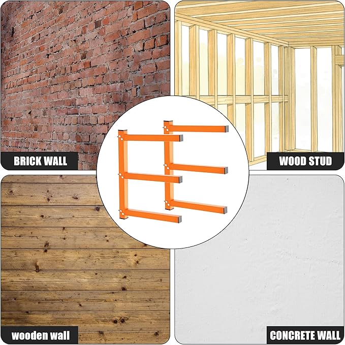 UNITEDPOWER Wall Mount Wood Organizer, Lumber Storage Rack, Heavy Duty Metal Shelf with 3-Level for Workshop or Garage, Indoor Or Outdoor Use-2 Hook