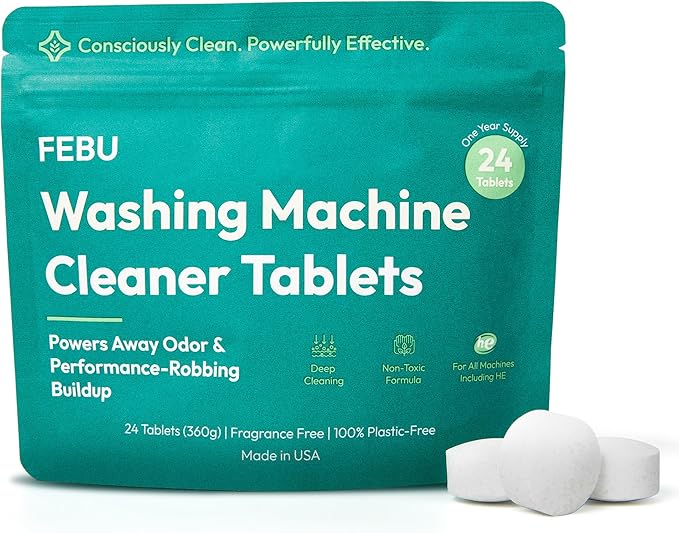 FEBU Washing Machine Cleaner Tablets Made in USA | Washer Machine Cleaner Tablets & Deodorizer | Removes Gunk & Grime | 7 Natural, Biodegradable, Plant-Based Ingredients | 24 Tablets - 12 Month Supply