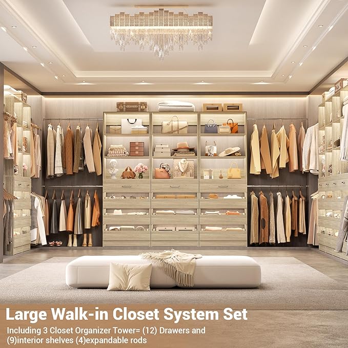 Aheaplus Closet System with 12 Drawers, 8.5-11.5Ft Wood Closet Organizer System with 4 Hanging Rods & 3 Towers, 4Ft & 6Ft L-Shaped Walk-in Closets Wardrobe Organizer Clothes Rack, Set of 3, White Oak