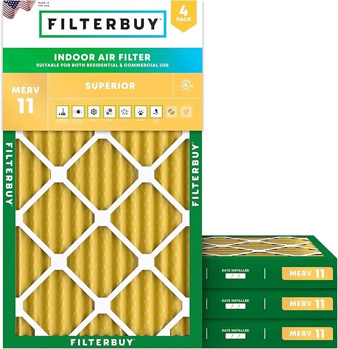 Filterbuy 16x24x2 Air Filter MERV 11 (MPR 1200) Allergen Defense Replacement (4-Pack), Electrostatic Pleated HVAC AC Furnace Filters, Made in USA (Actual Size: 15.38 x 23.38 x 1.75)