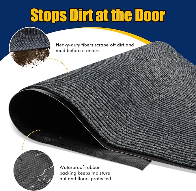 Extra Large Indoor/Outdoor Entrance Mat - 4 x 10 Feet, Rubber Border Door Mat Heavy Duty, Waterproof, Low-Profile, Easy to Clean, Rubber Entry Mat,Commercial Floor Mat, Charcoal Grey