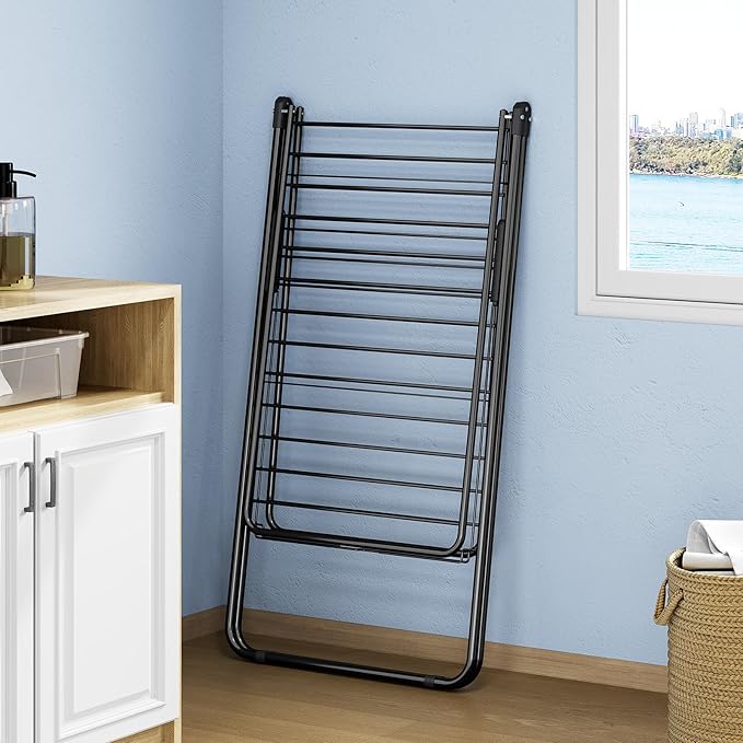 KINGBOARD Clothes Drying Rack Foldable, Drying Rack Clothing with Height-Adjustable, Metal Laundry Rack, Indoor Outdoor Use, No Assembly, 20.47"x 70"x 42.52", Black