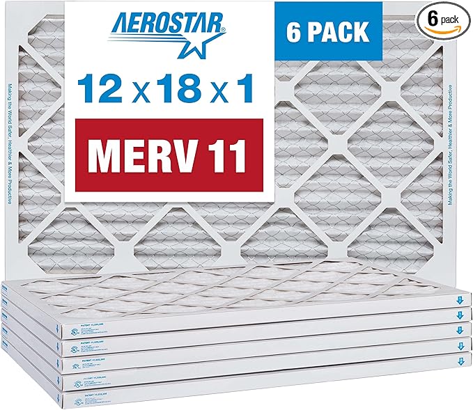 Aerostar 12x18x1 MERV 11 Pleated Air Filter, AC Furnace Air Filter, 6 Pack (Actual Size: 11 1/2" x 17 1/2" x 3/4")