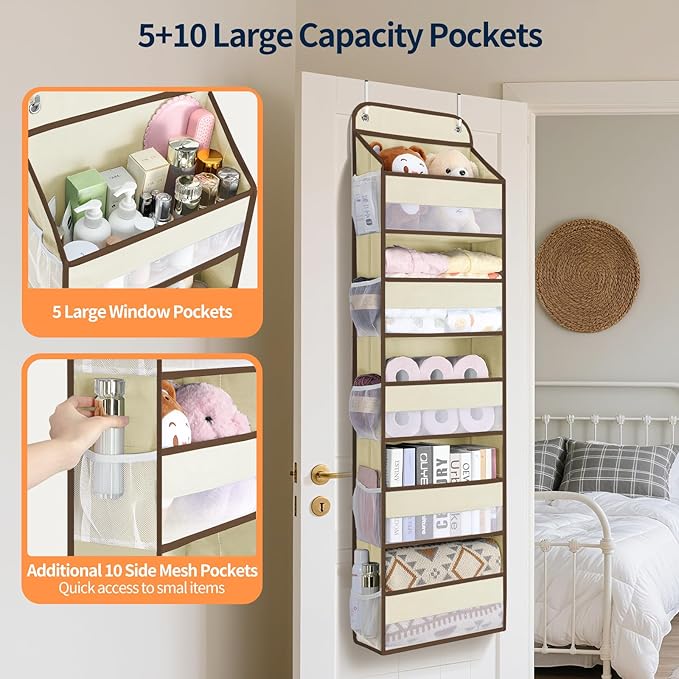 Yecaye Over The Door Organizer Storage, 5-Tier Heavy Duty Door Organizers Hanging with 10 Side Mesh Pockets, 44 lbs Load Capacity Behind Door Storage for Bathroom Nursery Bedroom Dorm Closet, Beige