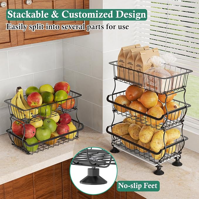 3-Tier Rolling Pantry Floor Organizer and Storage Cart with Wheels, Stackable Wire Pantry Baskets for Pantry Shelves, Kitchen Fruit Basket Stand and Storage Rack for Fruit Snack Onion Potato