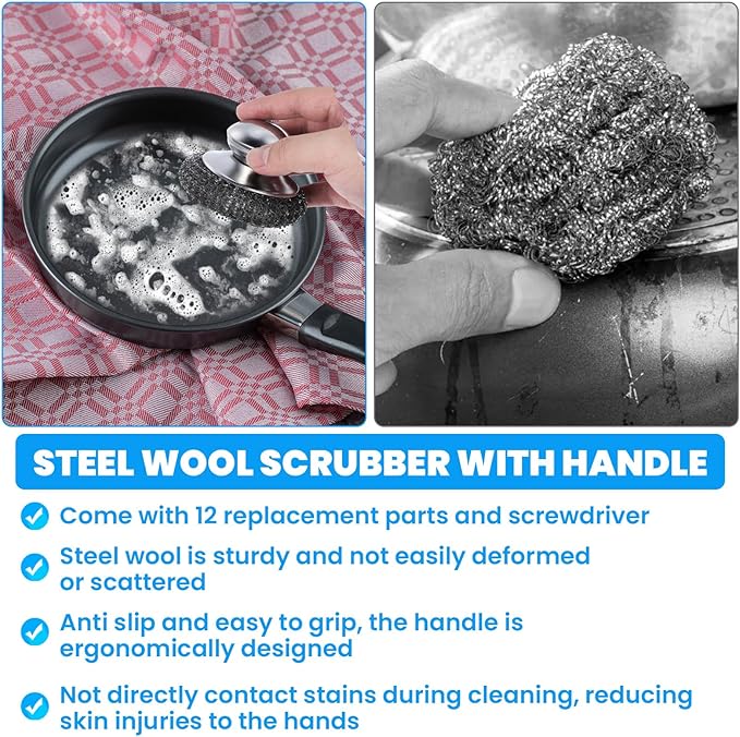 4 Pcs Steel Wool Scrubber with Handle Heavy Duty Metal Pot Scrubber Brush 16 Pcs Stainless Wool for Cleaning Dishes Pans Steel Scouring Pad for Kitchen Cast Iron Sink Griddles Grills