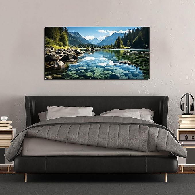 GUGIKA Landscape Wall Art for Living Room, Mountain and Lake Wall-Decor for Bedroom, Natural Scenery Canvas Prints Pictures for Hallway Office, Size 48 x 24 Inches