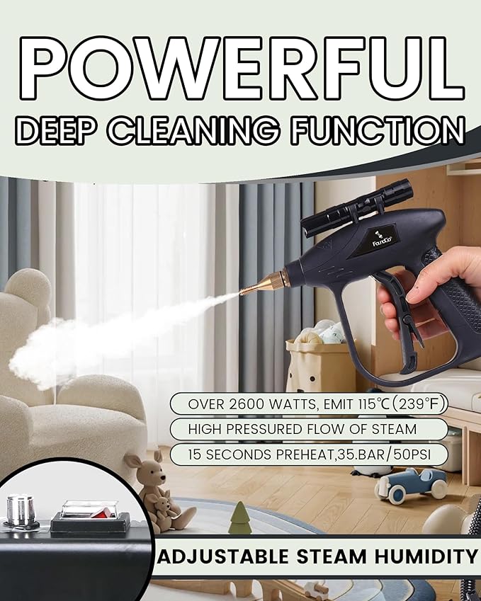 FoundGo 1700W Tankless Handheld Steam Cleaner with 7 Brushes 20s Heating to 239℉ Pressurized Portable Steam Cleaner, Cleaning Home/Kitchen/Car & More-Black