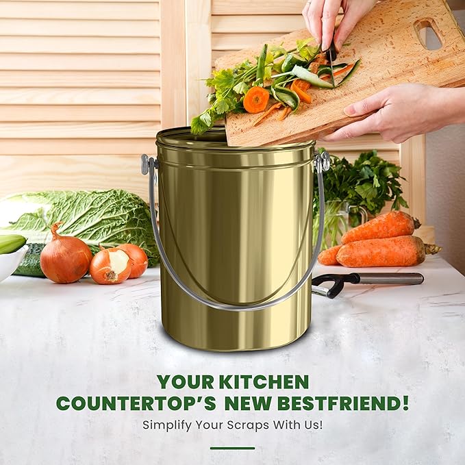 Utopia Kitchen Compost Bin for Kitchen Countertop - 1.3 Gallon Compost Bucket for Kitchen with Lid - Includes 1 Spare Charcoal Filter (Gold)
