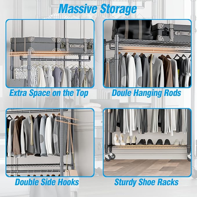 Homdox Rolling Clothes Rack Heavy Duty, 3-Tier Adjustable Wire Shelving Garment Organizer with Double Rods & Hooks, Portable Clothes Rack with Wheels, 17.72" D x 47.24" W x 80.71" H, Grey
