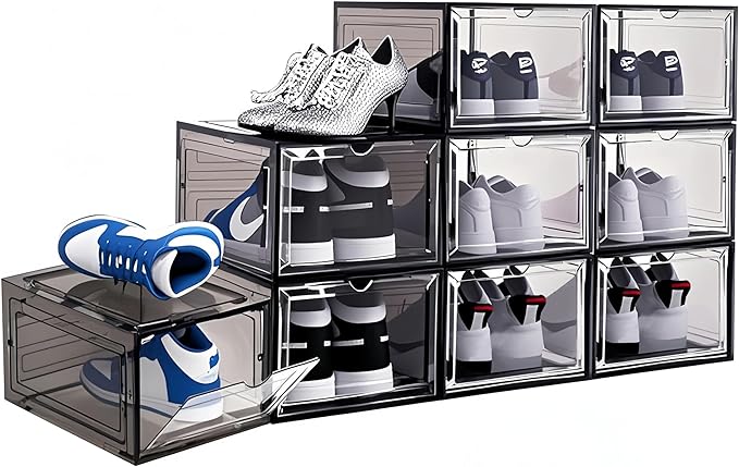 10 Pack Shoe Storage Box Clear Hard Plastic Shoe Organizer Stackable Hats Sneaker Display Case with Lids for Size 13, Black