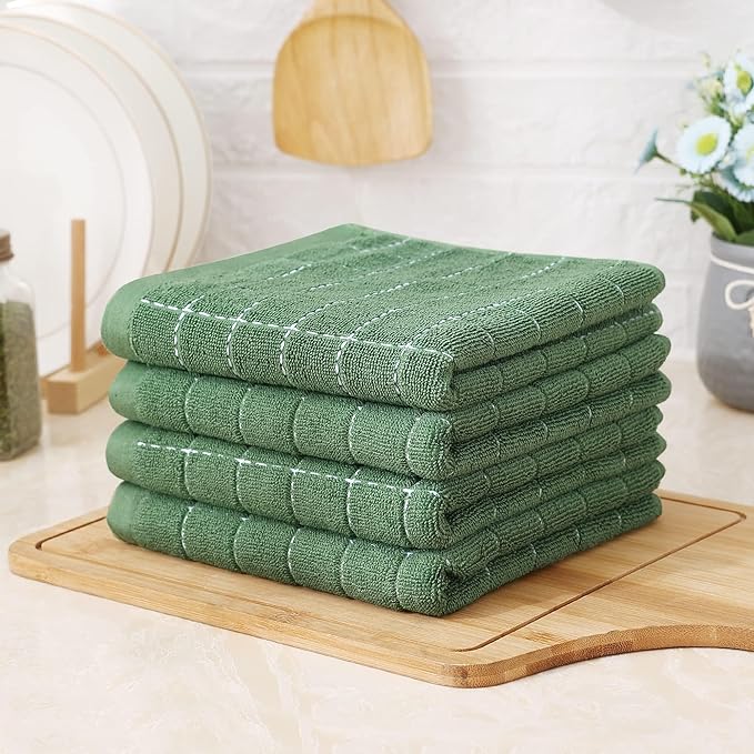 Homaxy 100% Cotton Terry Kitchen Towels(Grass Green, 13 x 28 inches), Checkered Designed, Soft and Super Absorbent Dish Towels, 8 Pack