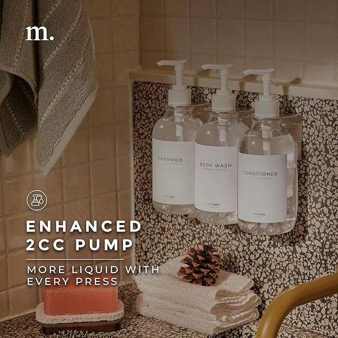 MaisoNovo Shampoo and Conditioner Dispenser - Shower Soap Dispenser Wall Mounted - 16.9 fl oz Set of 3 Clear Plastic Bottles White Pump - Shampoo Dispenser, Shower Dispenser 3 Chamber No Drill