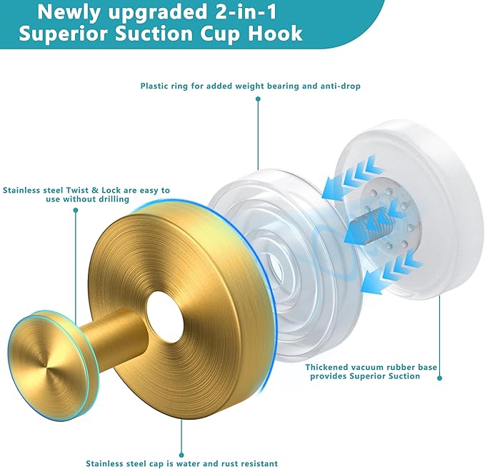 Suction Cup Hooks for Shower,Wreath Hanger for Front Door,Removable No Drill Waterproof Towel Loofah Hook,Upgraded 15 lbs Strong Suction Metal Hooks for Bathroom,Wall,Garland Glass Door-Gold 2 Pcs
